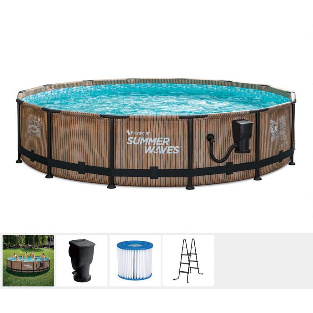 Summer Waves Natural Teak Elite 14 ft. x 36 in. Round Frame Above Ground Swimming Pool P4E01436E