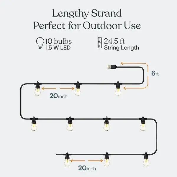 USB Powered 24.5Ft LED String Lights - 2700K