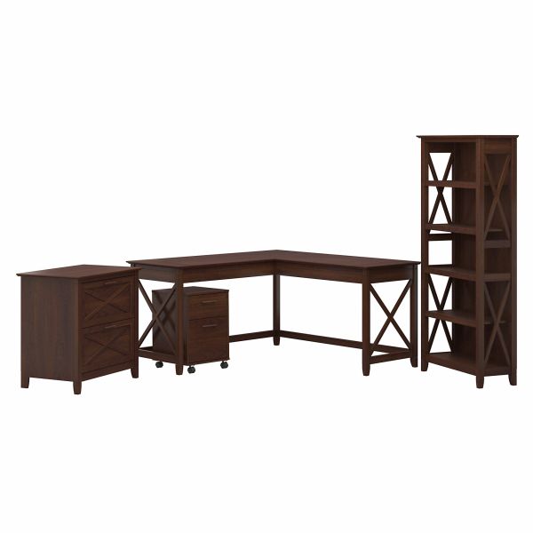 Bush Furniture Key West 60W L Shaped Desk with File Cabinets and 5 Shelf Bookcase in Bing Cherry