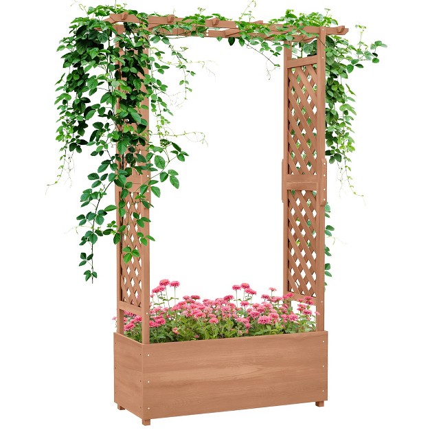 Outsunny Raised Garden Bed With Trellises And Roof For Climbing Plant Vine Hanging Flowers 70 75 quot h Outdoor Wood Planter Box With Drainage amp Filter