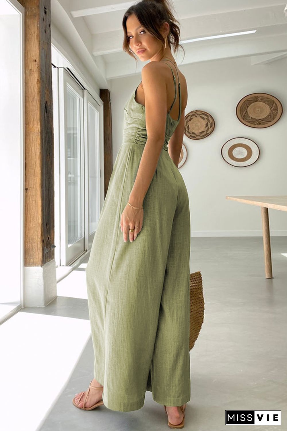 Green Asymmetric Thin Straps One-shoulder Wide Leg Jumpsuit