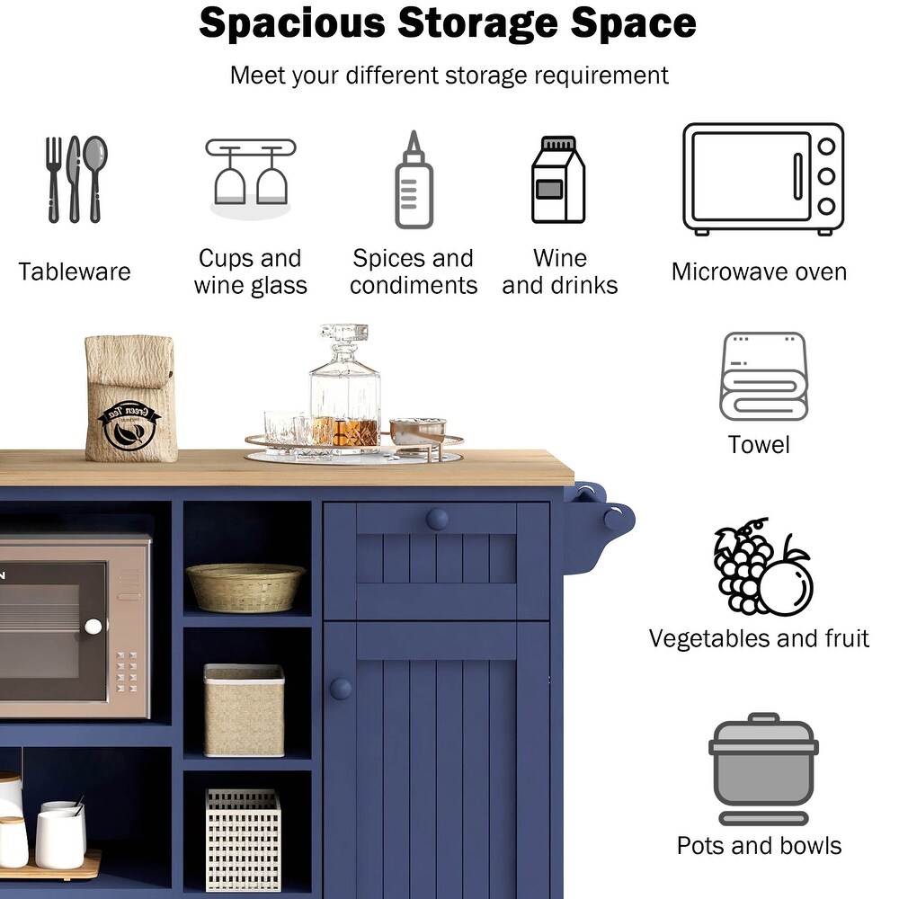 Kitchen Island Cart  Kitchen Island Table with Storage Cabinet/Two Locking Wheels/Microwave Cabinet Floor Standing Buffet Server