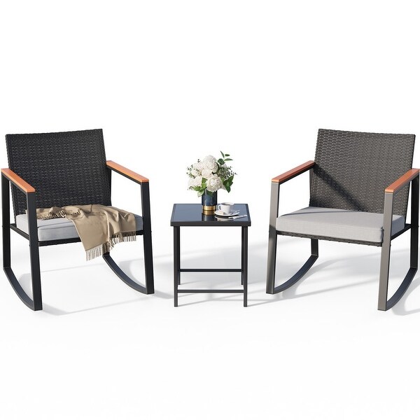 3 Piece Rocking Patio Bistro Set Wicker，Rocking Chair Pub Set with Glass Table