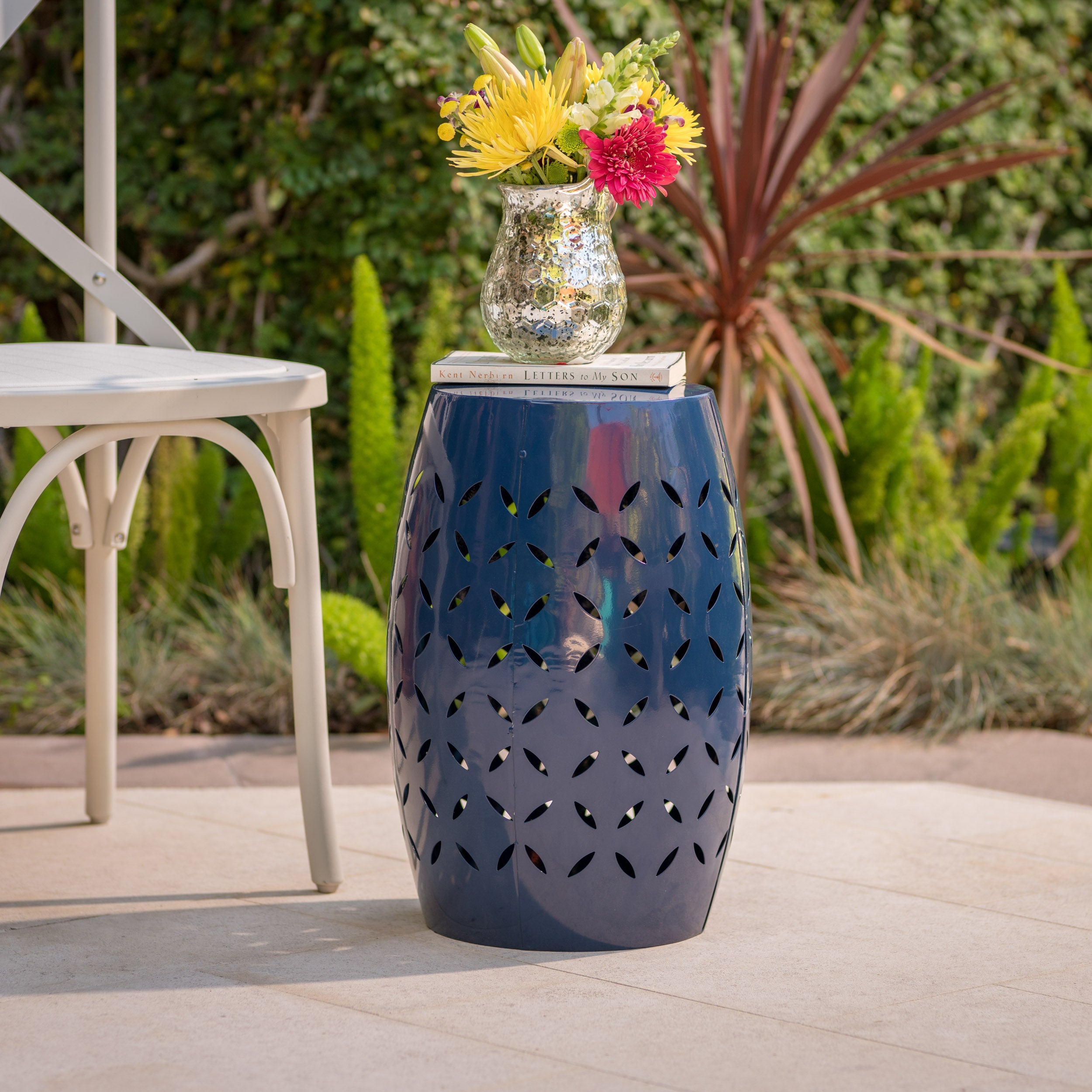 Lilly Outdoor Modern 12-Inch Criss-Cross Cut Metal Barrel Side Table