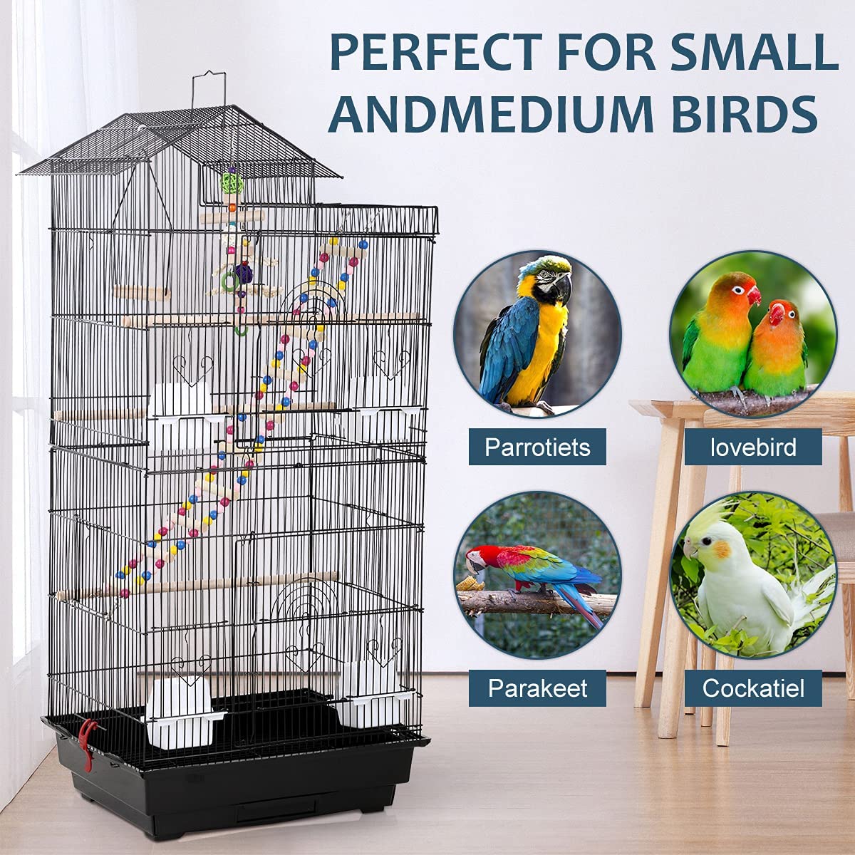 39 Inch Big Bird Cage Study Parakeet Cage Aviary with Accessories Roof Top Flight Parrot Cage with Ladder and Swing Jaulas para Pajaros for Small Parakeet，Canaries， Lovebirds， Cockatiels， Parrots