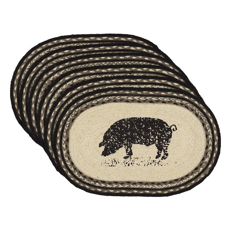 VHC Brands Sawyer Mill 12 x 18 Inch Oval Jute Placemats， Pig， Set of 6， Charcoal