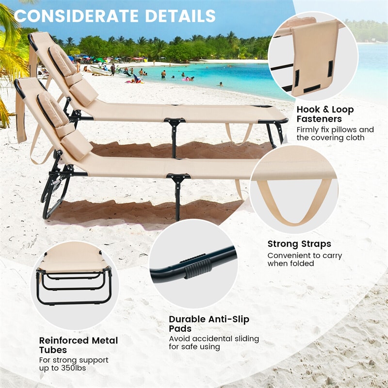 Folding Beach Chaise Lounge Chair 5-Position Adjustable Sunbathing Recliner with Face Hole & Dechatable Pillows