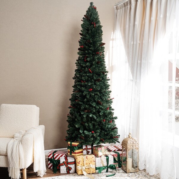 6.5ft Pencil Christmas Tree Prelit preDecorated with Pine Cones Red Berries 250 Warm Lights and Metal Stand