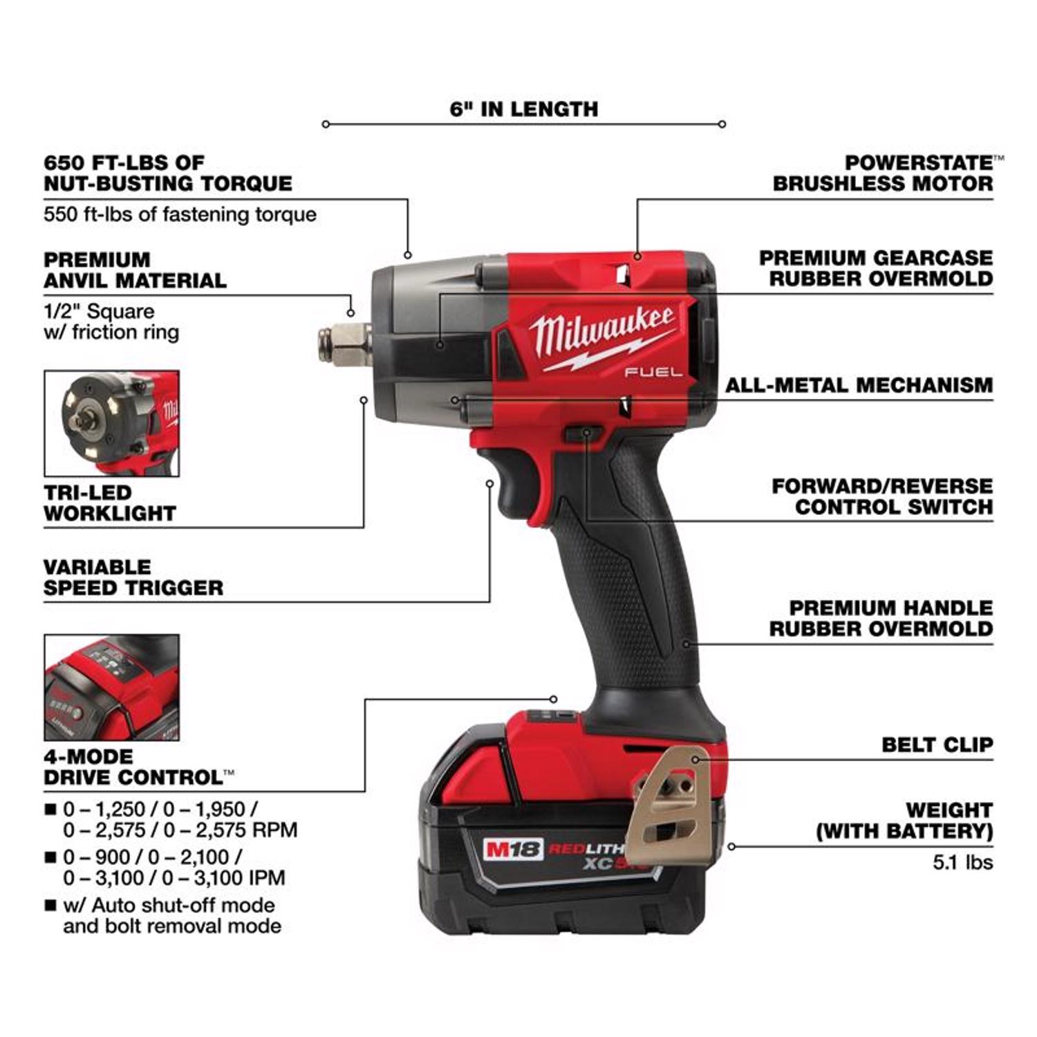 MW M18 FUEL 18 V 1/2 in. Cordless Brushless Mid-Range Impact Wrench Kit (Battery \u0026 Charger)