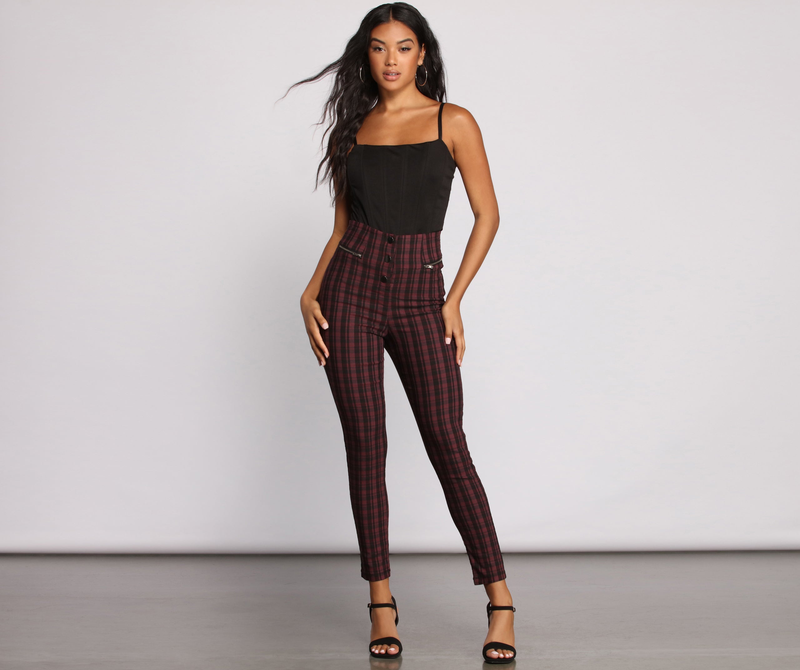 High Waist Snap Front Plaid Skinny Pants