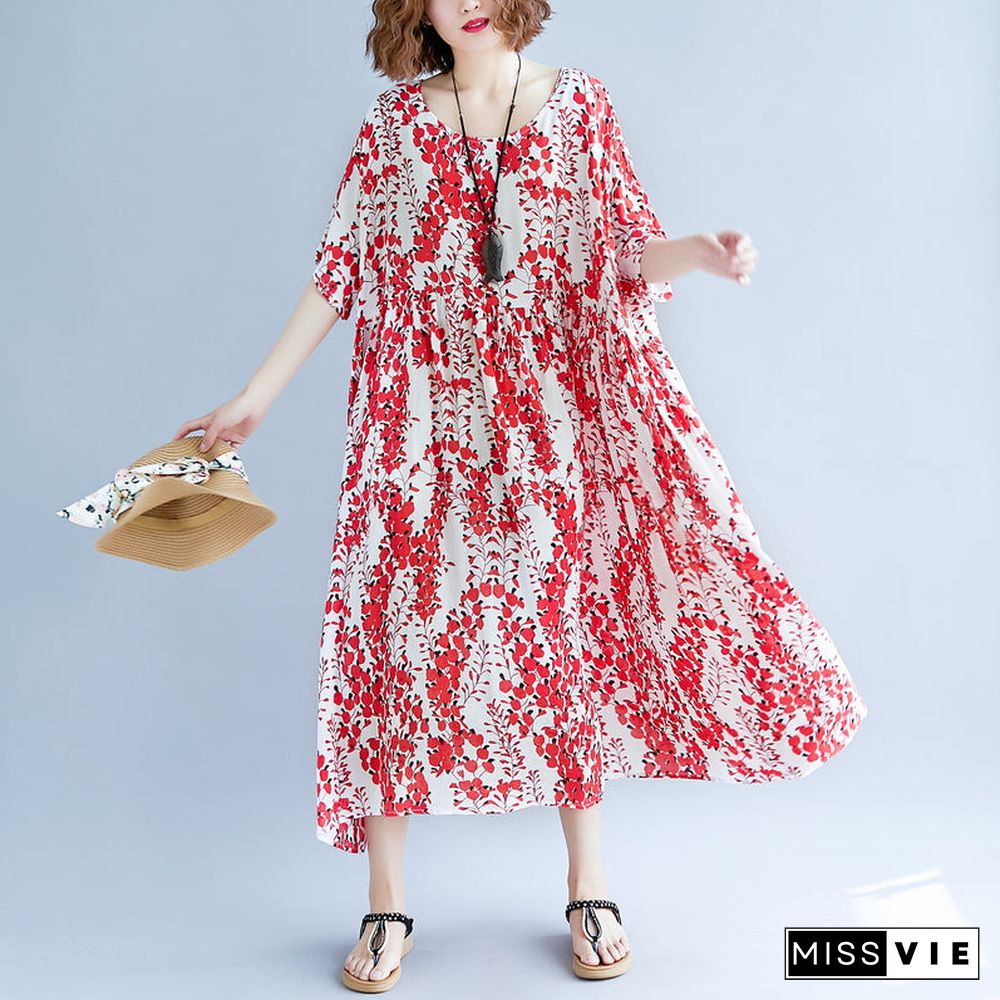 women red linen maxi dress oversize short sleeve print long cotton dresses fine o neck traveling clothing