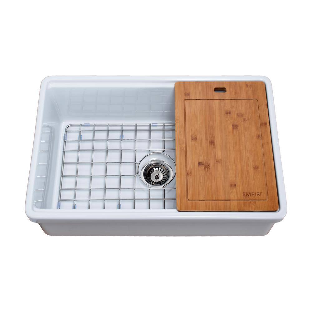 Empire Industries Tosca Farmhouse Fireclay 30 in. Single Bowl Kitchen Sink in White with Cutting-Board Bottom Grid and Strainer TO30