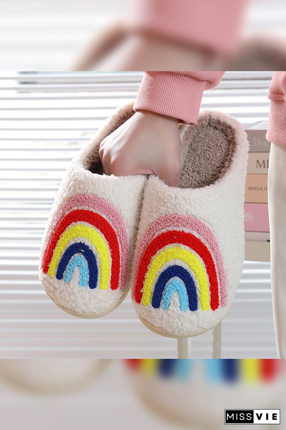 Rainbow Knit Fluffy Slippers