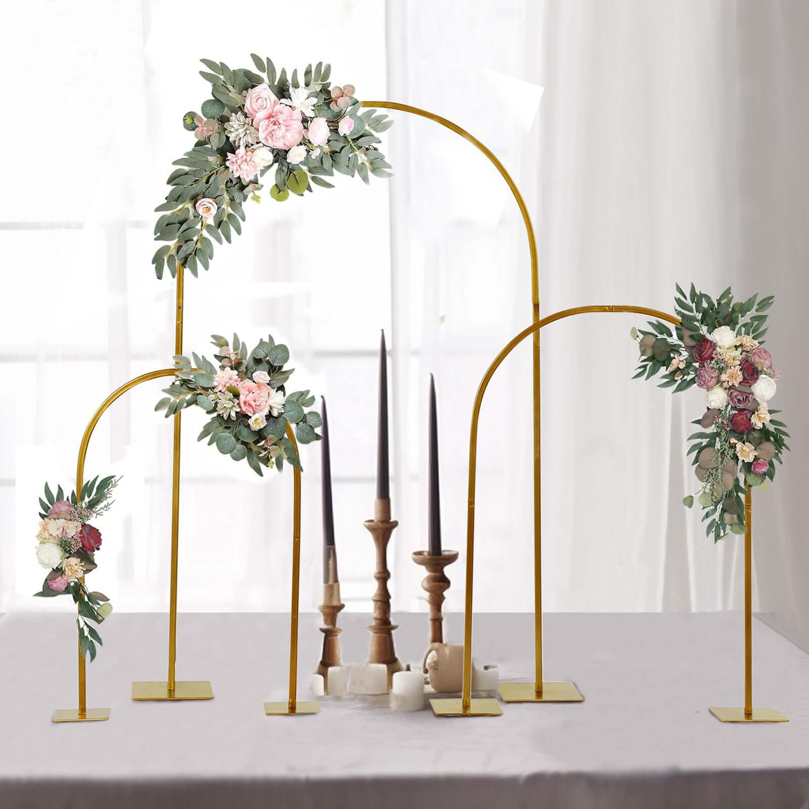 Set of 3 Gold Metal Wedding Cake Chiara Arch Table Centerpieces with Rounded Top, Flower Stand Frame with Detachable Base - 20