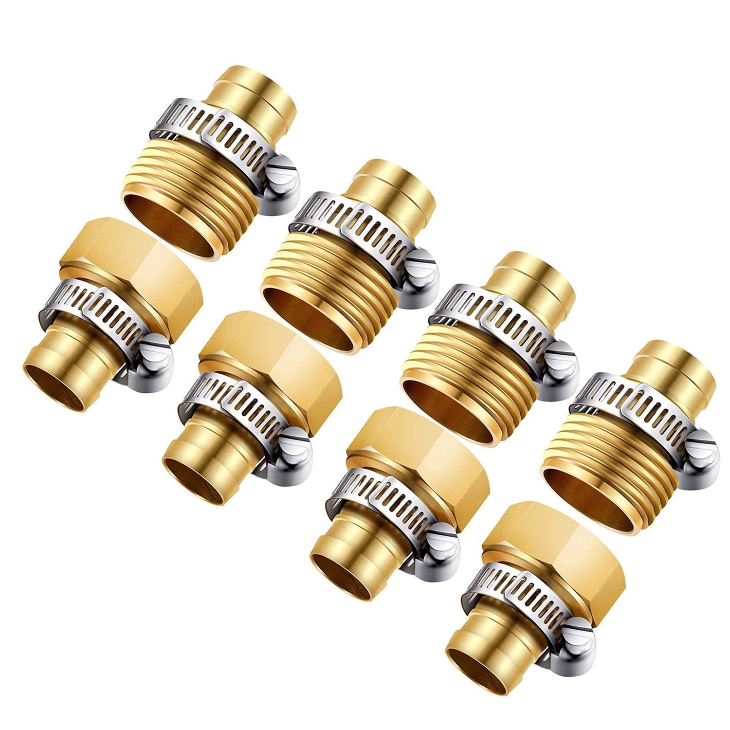 4 Pack 5/8 Inch Brass Garden Hose Repair Kit，Male and Female Hose Fittings，Garden Hose Fitting with 8 Pieces Stainless Steel Clamps