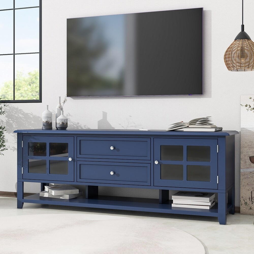 Multifunctional Storage TV Stand for Livingroom  Slight Design Entertainment Center with 2 Drawers and 2 Tier Shelves  Blue