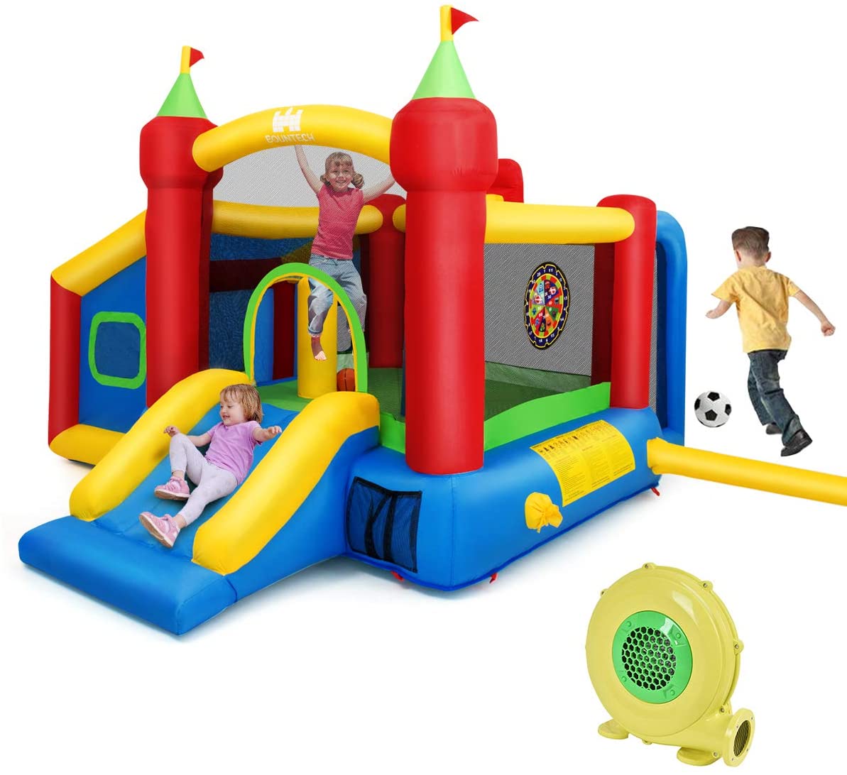 Costzon Inflatable Bounce House, 7-in-1 Jump and Slide Bouncer w/ Basketball Rim(Without Blower)