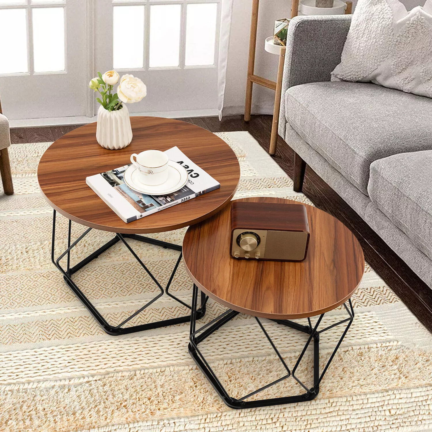 Set of 2 Modern Round Coffee Table with Pentagonal Steel Base-Rustic Brown