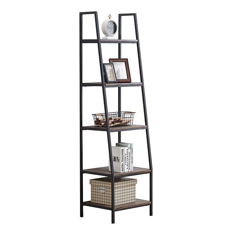 JOMEED Freestanding Industrial 5 Tier Open Shelf Ladder Bookcase， Gray and Brown