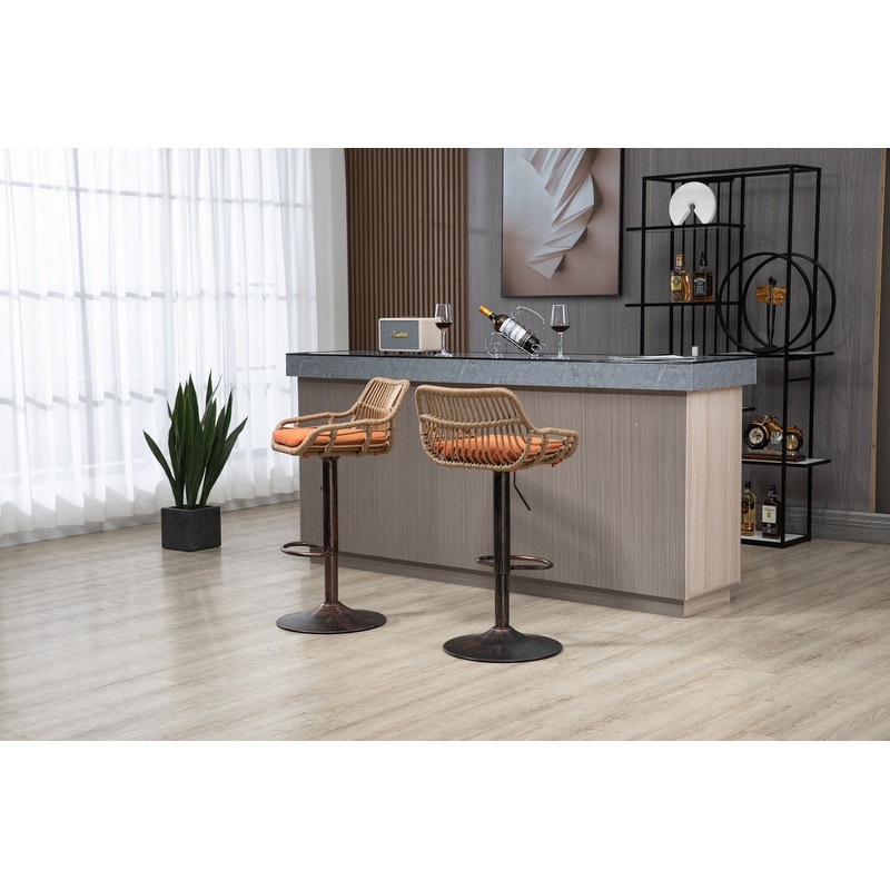 Modern Bar Stool Set of 2  Rattan Barstools Height Adjustable Bar Chairs Swivel Barstools with Footrest for Kitchen  Dining Room