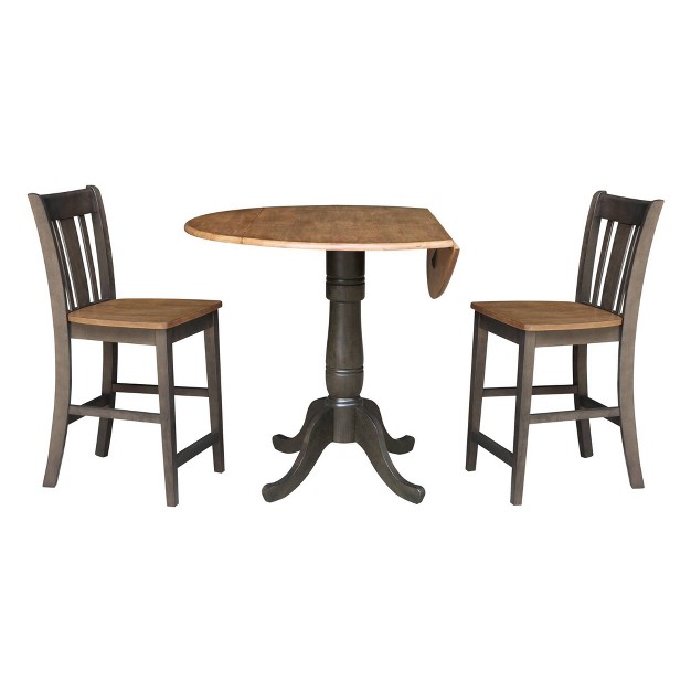 Round Dual Drop Leaf Counter Height Dining Table With 2 Splat Back Stools Hickory washed Coal International Concepts