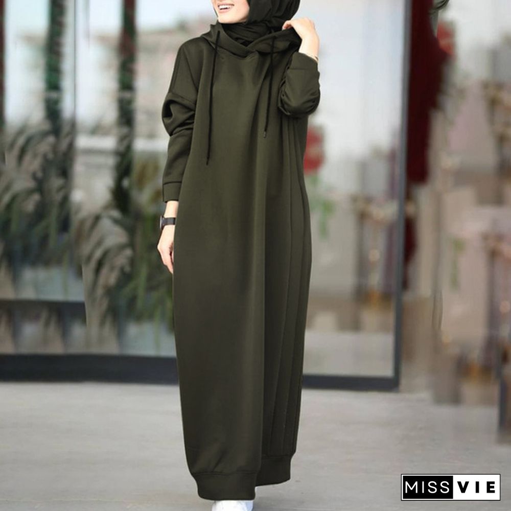 ZANZEA Women Autumn O Neck Solid Long Hooded Dress Baggy Bohemian Muslim Kaftan Abaya Maxi Dress Hoodies