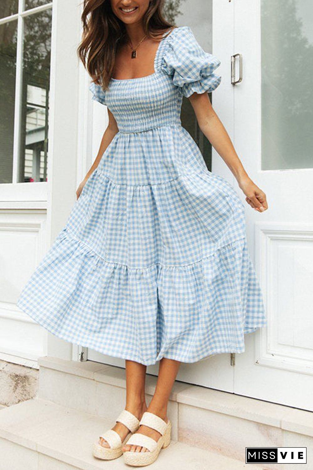 Plaid Square Neck Puff Sleeve Midi Dress