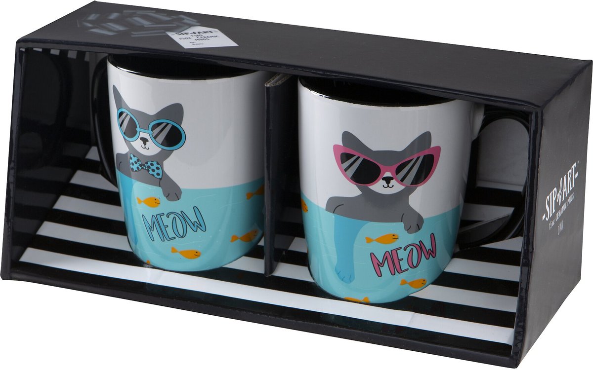 Pounce + Fetch Sip of Art Furry Friends Ceramic Coffee Mug Set， 15-oz， Style Varies