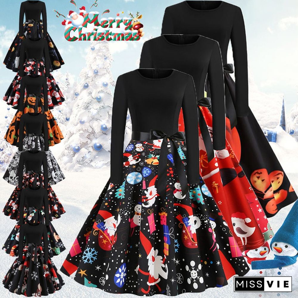 Dresses for Women Party Christmas Round Neck Belt Prom Dresses Halloween Costumes Long Sleeve Dresses Elegant Pumpkin Santa Claus Printed Evening Pleated Dresses