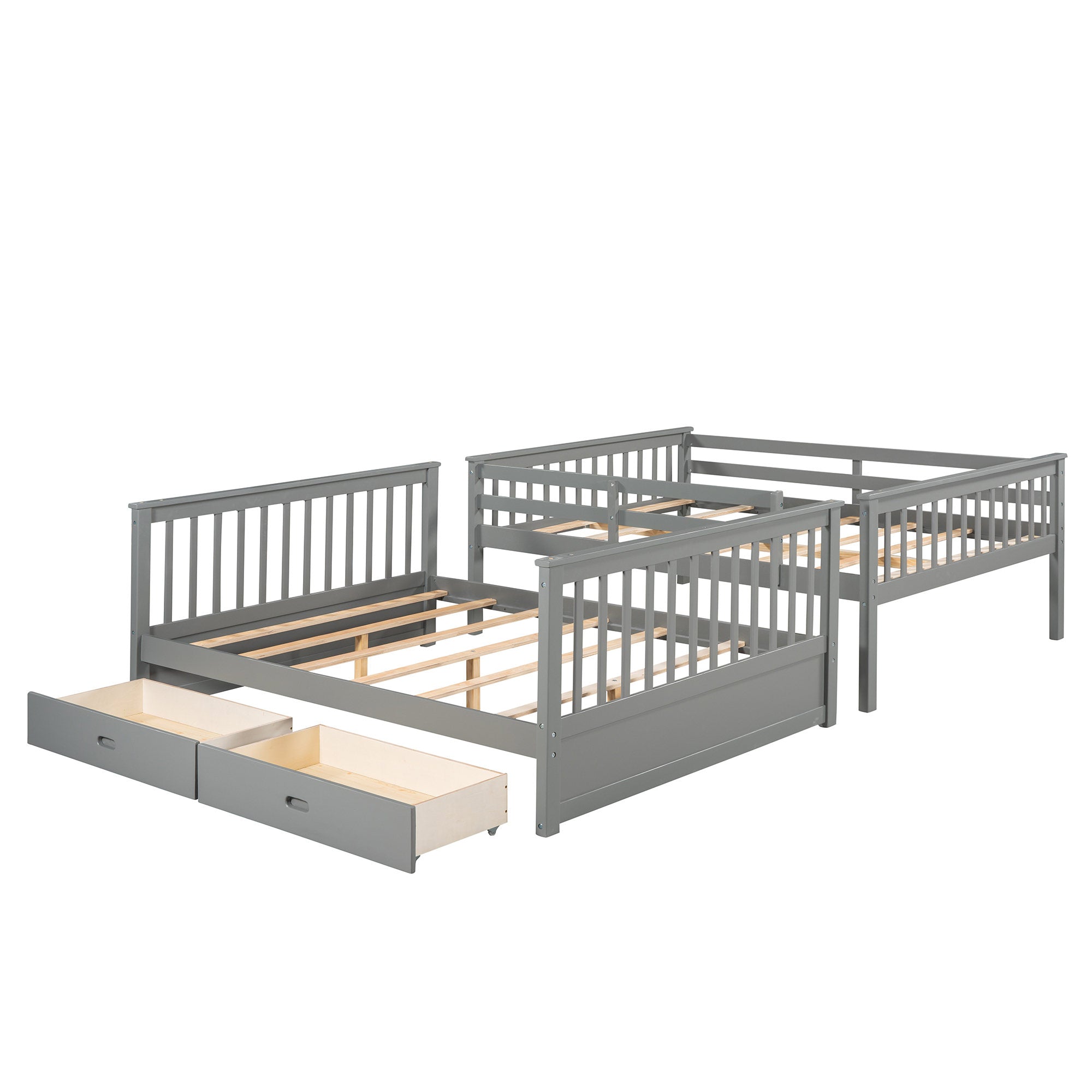 Wood Full Over Full Bunk Bed with Two Storage Drawers and Ladders for Kids Adults,Gray