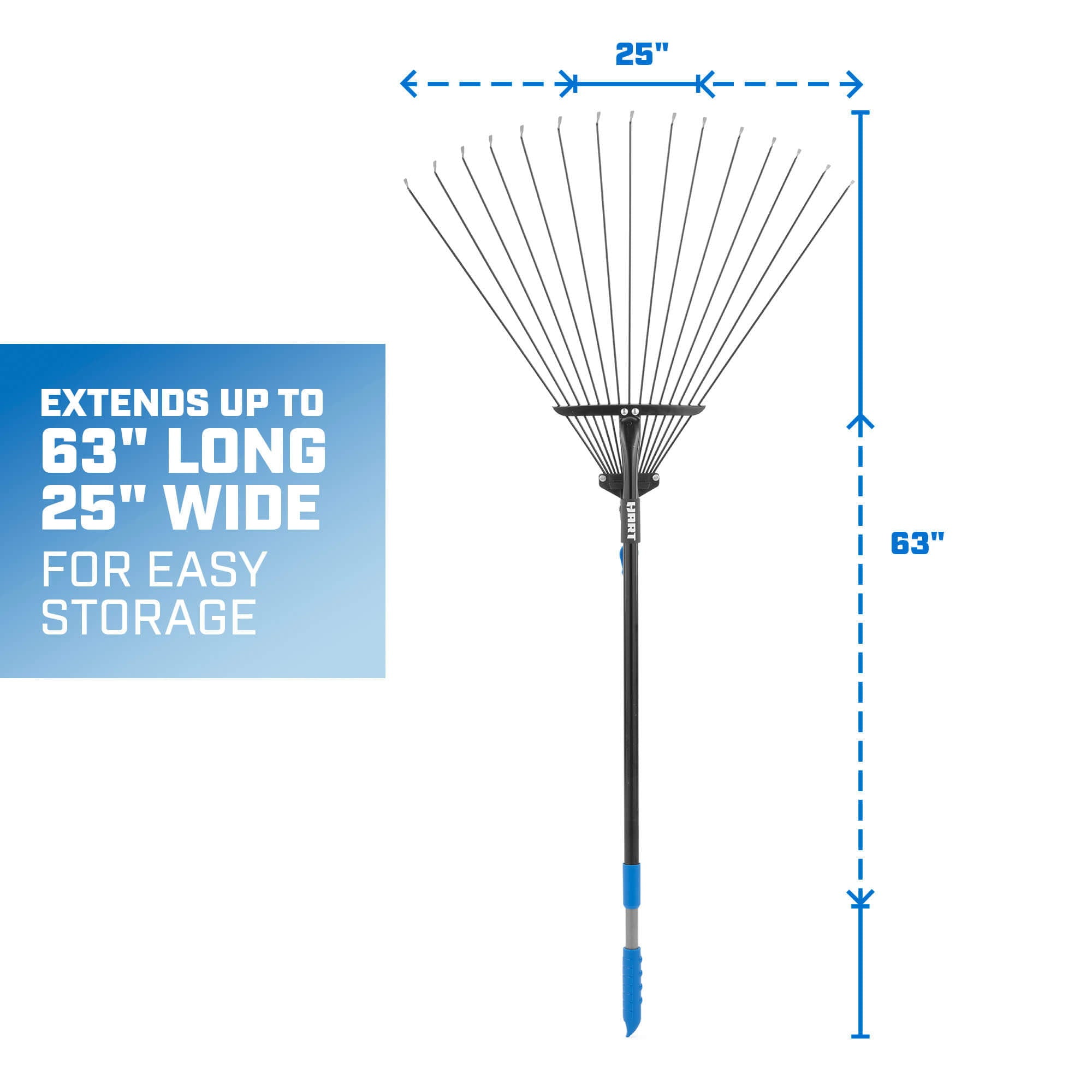 HART Collapsible Steel Tine Leaf Rake with Telescoping Handle Design