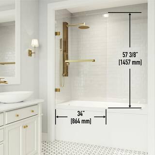 VIGO Rialto 34 in. W x 58 in. H Pivot Frameless Tub Door in Matte Brushed Gold with 516 in. (8mm) Clear Glass VG6074MGCL3458