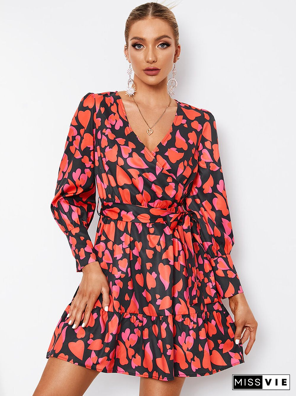 Heart Print Belt Cross Wrap V-neck Long Sleeve Dress