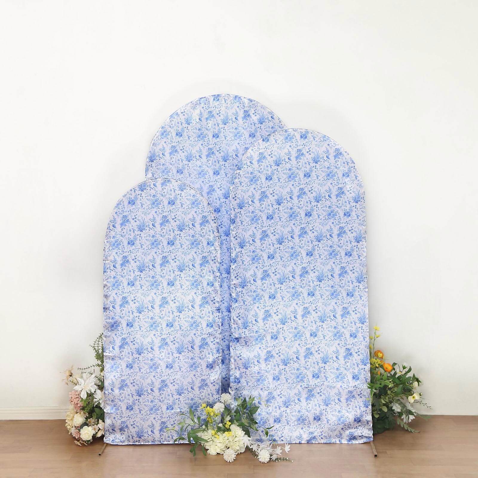 Set of 3 White Blue Satin Chiara Backdrop Stand Covers in French Toile Floral Pattern, Fitted Covers For Round Top Wedding Arches - 5ft,6ft,7ft