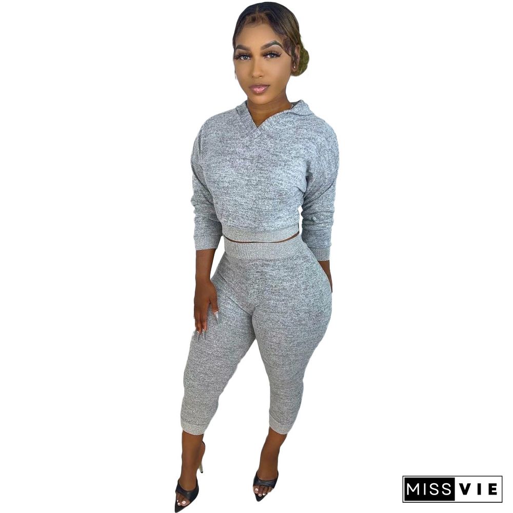 Knitted Hoodies Crop Top Joggers Sweat Pants Set