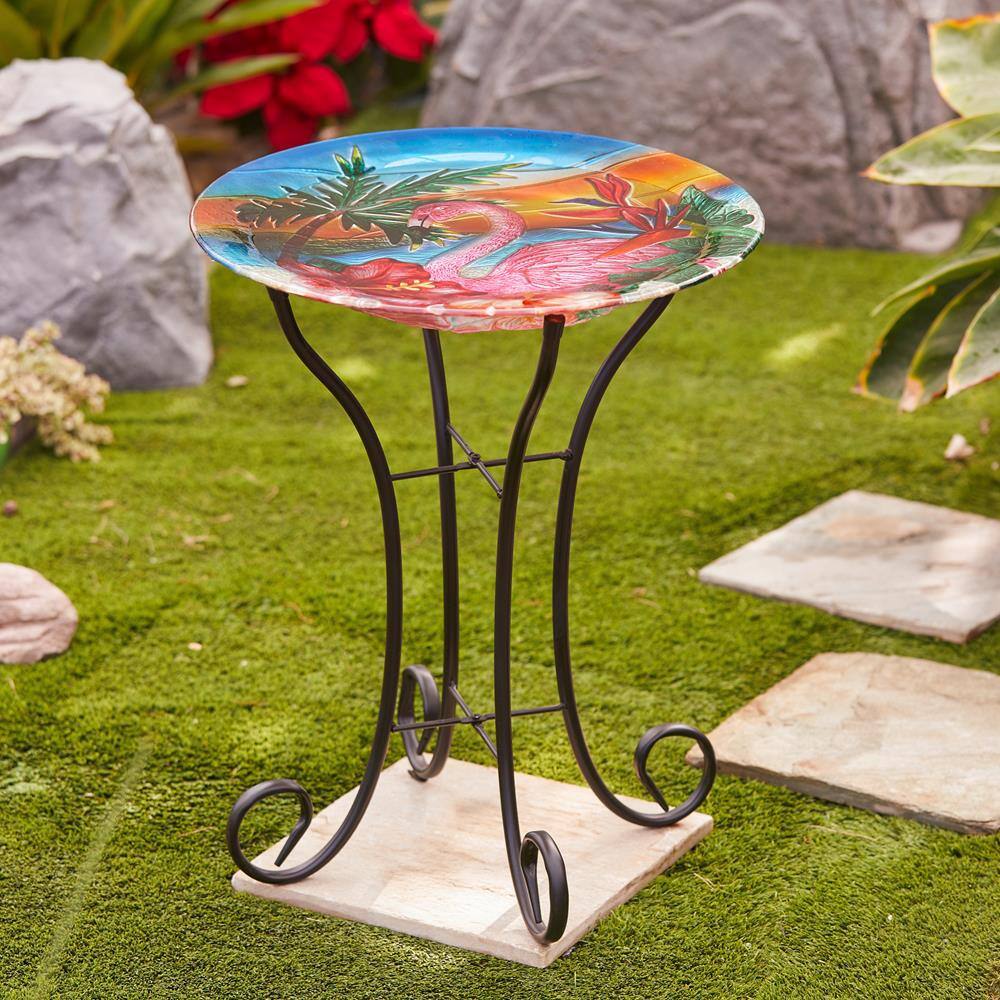 Luxen Home Flamingo Glass Bird Bath with Metal Stand WHP1520