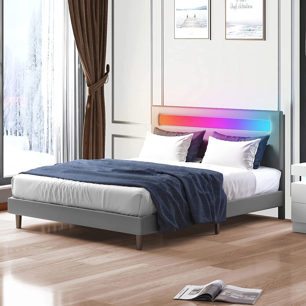 Mixoy Platform Bed Frame with Smart RGB LED Light Strip Bed Frame with Adjustable Headboard  Compatible with Alexa   App