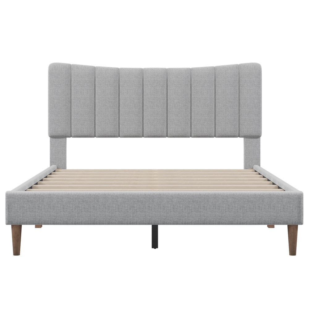 Queen Size Upholstered Platform Bed Frame with Vertical Channel Tufted Headboard  No Box Spring Needed