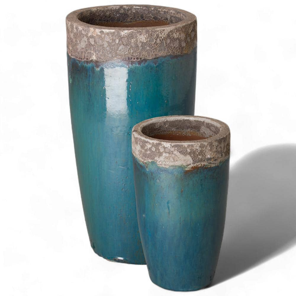 Emissary Tall 18 in. D x 34 in. H ReefTeal Ceramic Round Planter with Drainage Hole 12184RT-2