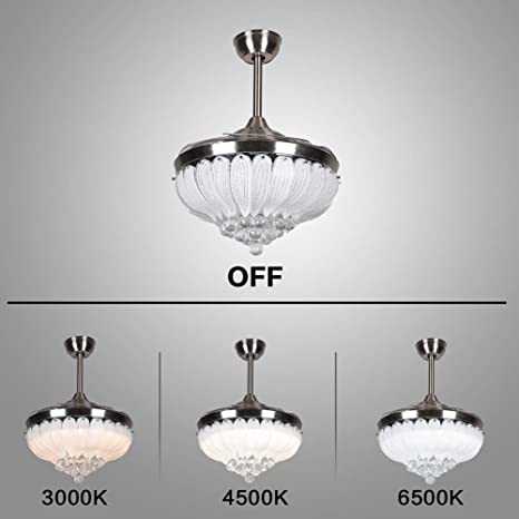 KPIBEST Modern Crystal Ceiling Fans with Lights， Remote Control - 3 Color Change 3 Speeds Chandelier Ceiling Fan Retractable Invisible Blades for Living Dining Room Bedroom， 42 Inch