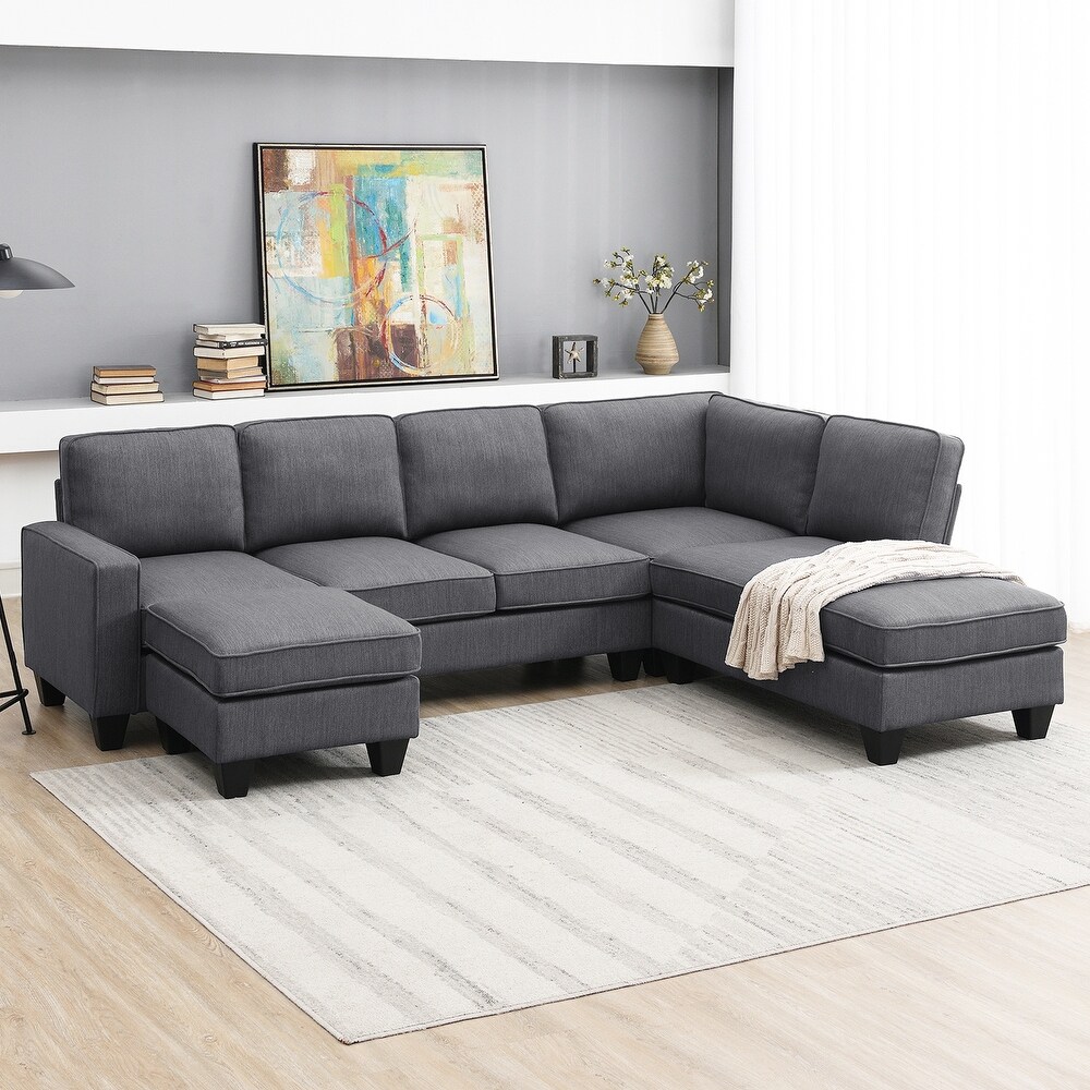 7 Seat Sectional Sofa Linen Fabric Couch Set with Ottoman