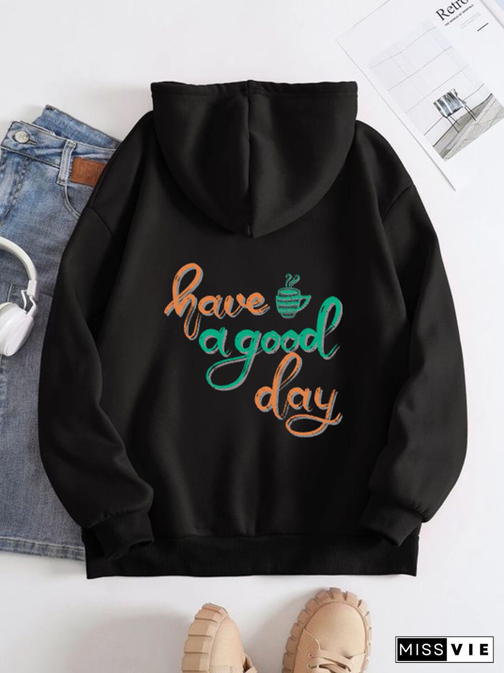 Printed on the Back Kangaroo Pocket Hoodie Long Sleeve for Women Pattern Have a Good Day