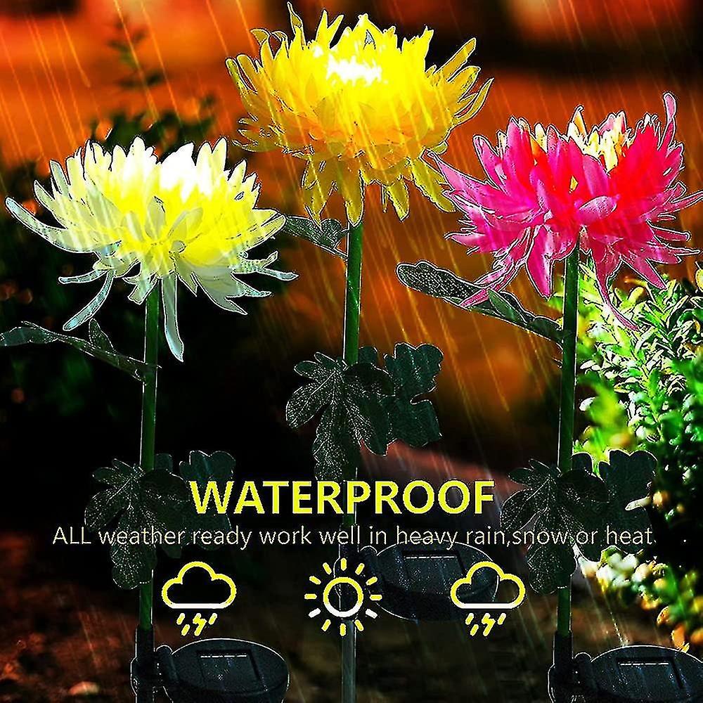 Outdoor Solar Garden Stake Lights， 3 Pack Solar Powered Chrysanthemum Flower Lights， Led (yellow， Re