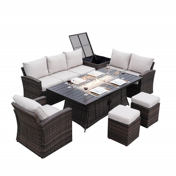 7Piece Outdoor Sofa with Aluminium table top Fire Pit Set