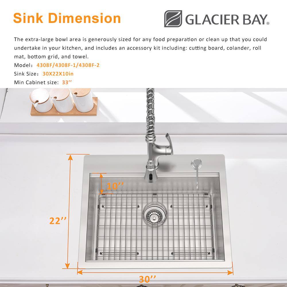 Glacier Bay Zero Radius Drop-in 18G Stainless Steel 30 in. 4-Hole Single Bowl Workstation Kitchen Sink with Accessories 4308F