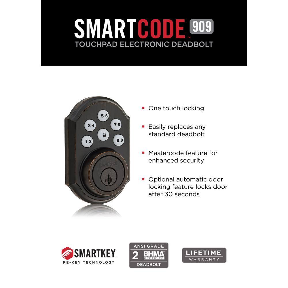 Kwikset SmartCode 909 Venetian Bronze Single Cylinder Keypad Electronic Deadbolt Featuring SmartKey Security 909 11P SMT CP SCR