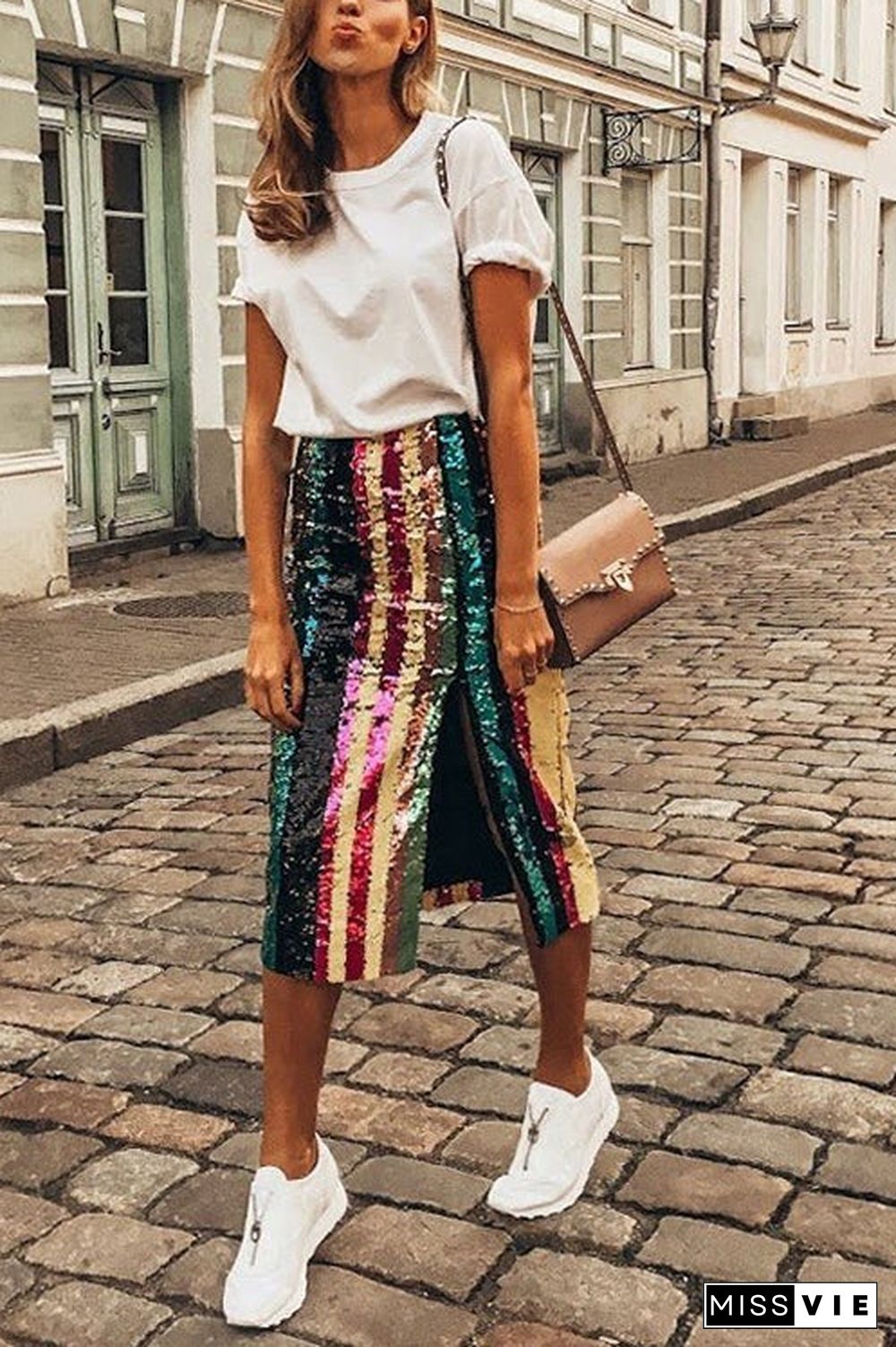 Colorful Sequin Slit Skirts