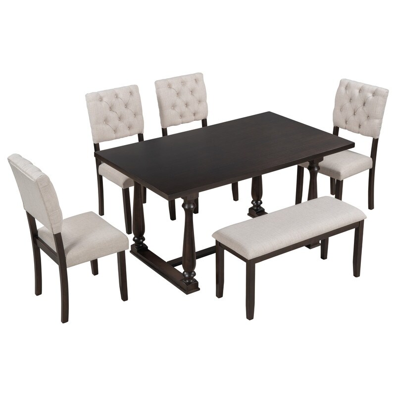 6 Piece Dining Table and Chair Set with Special shaped Legs and Foam covered Seat Backs   Cushions