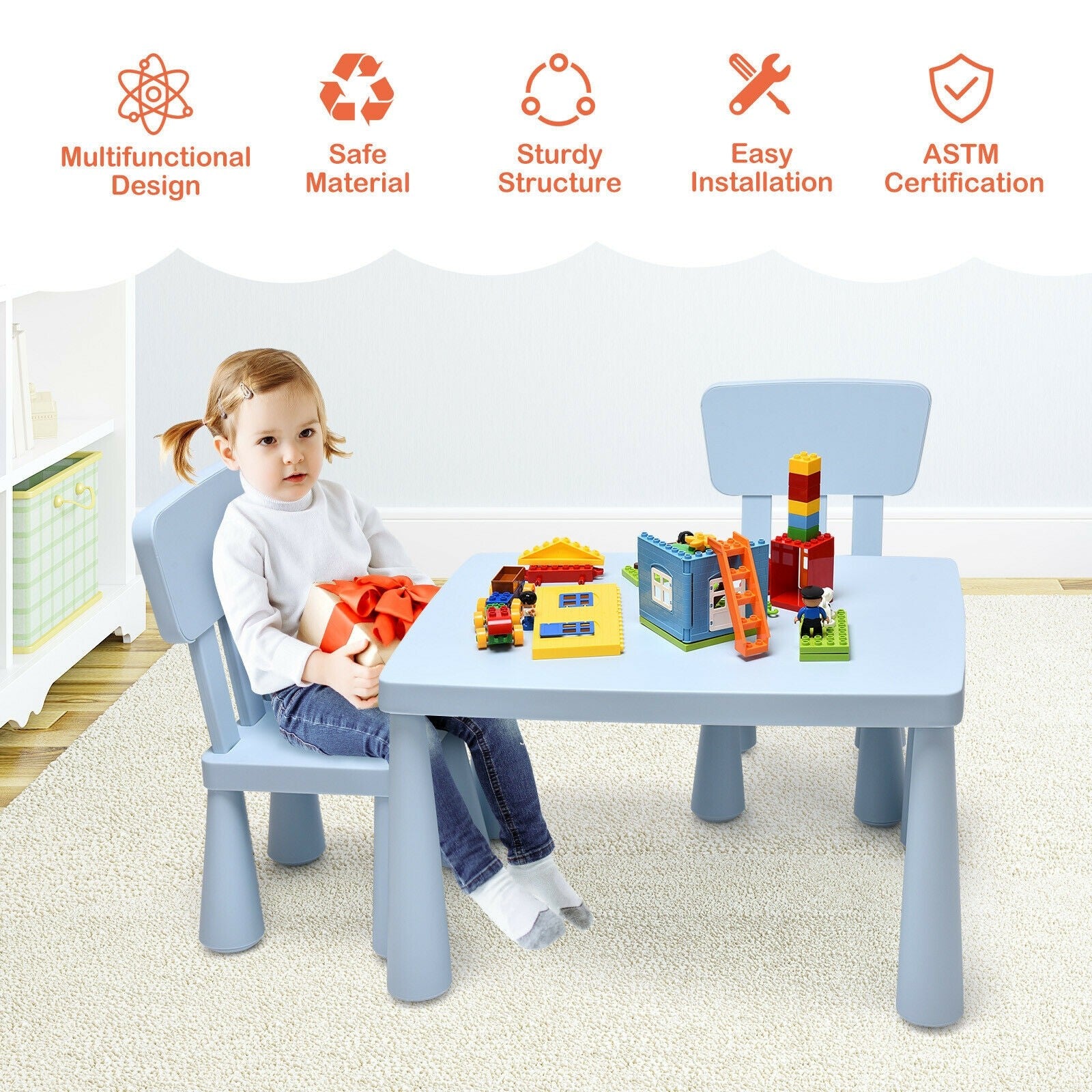 Costzon Kids Table and Chair Set, 3-Piece Set Toddler Furniture for Reading, Drawing