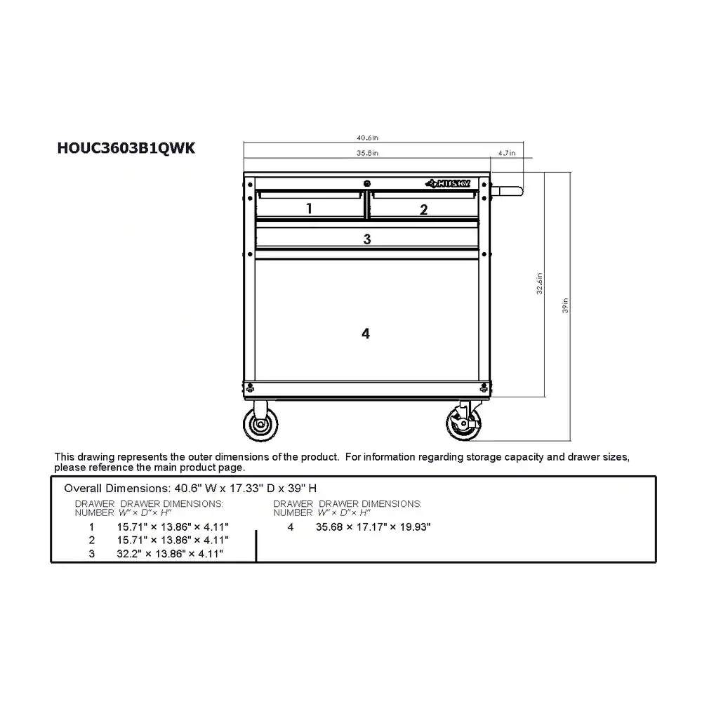 Husky HOUC3603B1QWK 36 in. W x 17 in. D Standard Duty 3-Drawer Rolling Tool Cart with Hardwood Top in Gloss Black